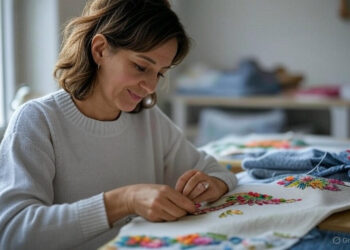A women doing embroidery