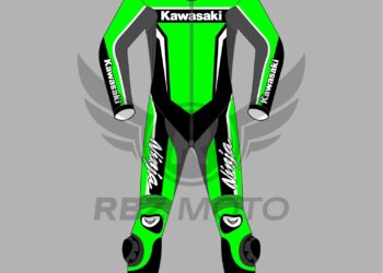 Rider in Kawasaki GP Pro v4 race suit cornering at high speed on a track-ready Ninja ZX-10R under clear skies