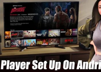 Strong 8K IPTV Player setup on Android TV showing a smart television streaming entertainment content with a user demonstrating the installation process for smooth IPTV viewing.