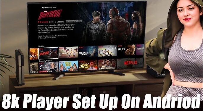 Strong 8K IPTV Player setup on Android TV showing a smart television streaming entertainment content with a user demonstrating the installation process for smooth IPTV viewing.