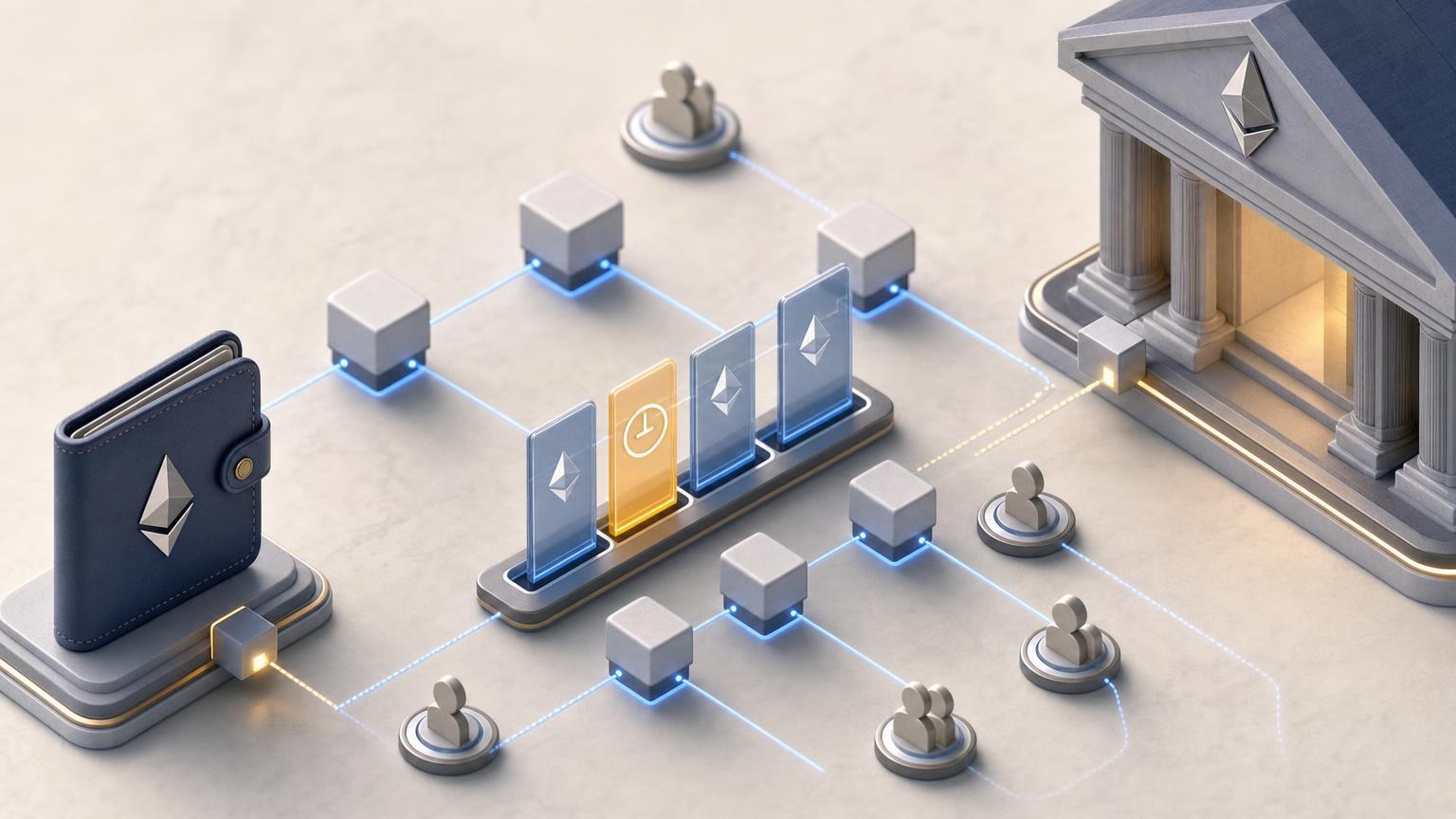 An Ethereum transaction moving through wallet broadcast, network confirmation, exchange verification, and payout stages